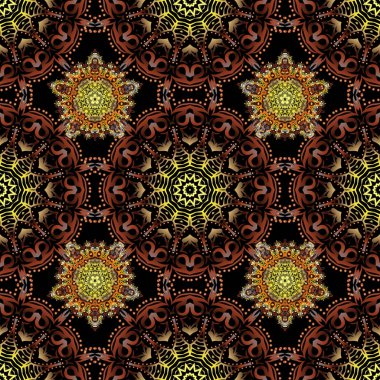 Tasarımınız için sarı, kahverengi ve yeşil desenli taşıyıcı. Eski bir süs. Ambalaj kağıdı, baskı, kumaş veya tekstil için modern geometrik dikişsiz desen.