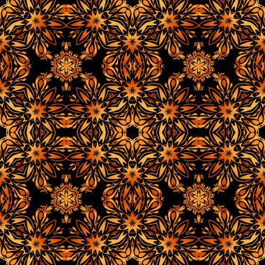 Siyah bir arkaplanda kahverengi, turuncu ve sarı süslemeler var. Doğulu, çiçekli bir süs. Halılar, tekstil, duvar kağıtları ve herhangi bir yüzey için şablonlar.