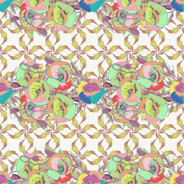 Web sayfaları, düğün davetiyeleri, tekstil, duvar kağıtları için vektör romantik arka plan. Suluboya gelincik çiçekleri pembemsi, sarı ve bej renklerle kusursuz desen.