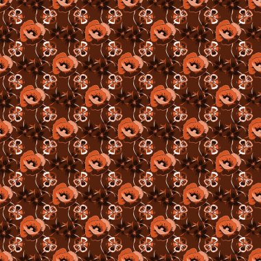 Pembe, turuncu ve kırmızı renklerde dikişsiz klasik desen. El yazısı vektör haşhaş çiçekleri, pullar, anahtarlar.