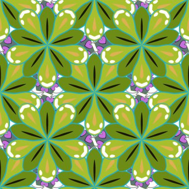 Dekoratif yaz çiçekleriyle kusursuz desen yeşil, sarı ve gri renkler, suluboya vektör çizimi.