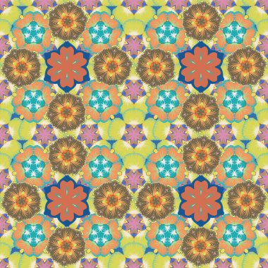 Vektör çizimi. Kahverengi, turuncu ve sarı renklerde kusursuz çiçek deseni.