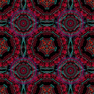 Tasarım, tekstil veya kumaş için kırmızı, yeşil ve mavi renklerde vektörsüz çiçek deseni. Vektör illüstrasyonu.