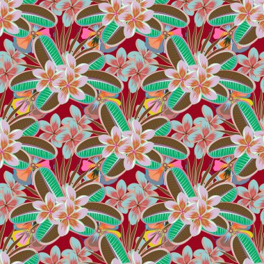 Çizgili arka planda dikişsiz suluboya desen. Pembe ve turuncu renkli Raster çiçekleri..