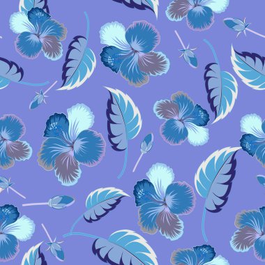 Romantik tasarım, dekorasyon, tebrik kartları, posterler, davetiyeler, tekstil baskısı ve kumaş için sonsuz vektör dokusu. Çiçeksiz desen, parlak yaz çiçekleri mavi ve mor renklerde.