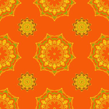 Geleneksel Hint tarzı, kına dövmesi, baskı, çıkartma, mehndi, yoga tasarımı için süs eşyası. Turuncu, sarı ve yeşil mehndi 'nin vektörsüz deseni.