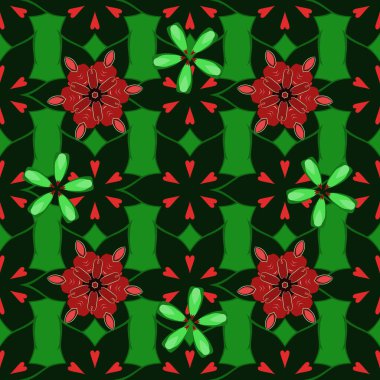 Vektör çizimi. Kırmızı ve yeşil renkli şirin çiçeklerle kusursuz desen.