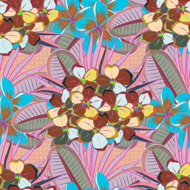 Vektör çizimi. Yeşil, mavi ve pembe renklerde, karışık çiçeklerle kusursuz çiçek deseni..