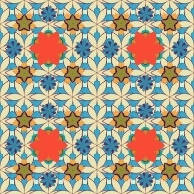 Çiçekli ve yaprakları kırmızı, mavi ve bej renklerinde vektörsüz çiçek deseni.