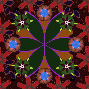 Kahverengi, yeşil ve kırmızı renklerde sevimli çiçeklerle kusursuz desen. Vektör illüstrasyonu.