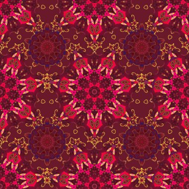 Zarif vektör damaske duvar kağıdı. Mor, turuncu ve kırmızı renklerde dikişsiz klasik desen. Kusursuz arkaplan.