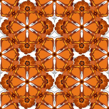 Lüks vektör dikişsiz desen, düğmeli doku, klasik tarzda dekoratif elementler. Şık kırmızı, gri ve turuncu süslemeli stilize yıldızlar, süslü arka planda filigran dekoru..