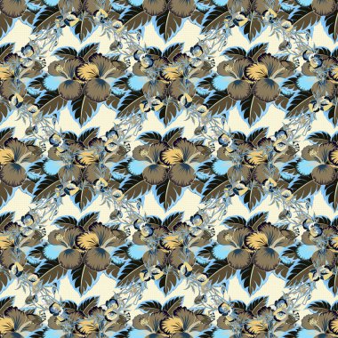 Mavi ve bej renkli kusursuz tropikal çiçekler. Hibiscus raster pürüzsüz desen.