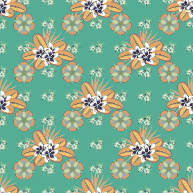 Primula çiçeğinin yeşil, mavi ve turuncu renklerde kusursuz deseni.