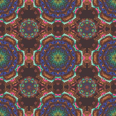 El yapımı etnik doku, hayal gücünün uçuşu. Mavi, kahverengi ve gri renklerde kusursuz soyut kabile deseni. Vektör illüstrasyonu.