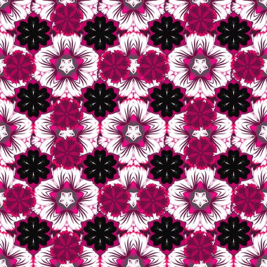 Vektör çizimi. Pembe, morumsu ve mor renklerde çiçek motifleri olan soyut zerafet deseni..