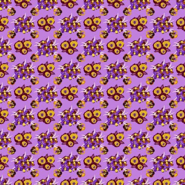 Kusursuz bir arka plan. Parlak resim primula çiçek izine ilham kaynağı oldu. Mor, turuncu ve kahverengi renklerde güzel suluboya primula çiçekleri.