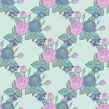 Gri, pembe ve mavi renklerde vektörsüz desen. Güzel suluboya güller ve yeşil yapraklar, parlak tablolar çiçek desenlerinden esinlenmiştir..