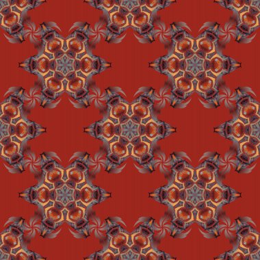 El çizimi sanat. Şam, kırmızı, kahverengi ve turuncu renklerde kusursuz desen. Vektör vintage çiçek süsü. Kumaş, duvar kağıdı, arkaplan, davetiye, ambalaj ve kitap kapakları için tasarım. Doğulu tarzı.