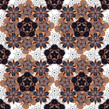 Turuncu, gri ve kahverengi renkli çiçeklerle soyut zarafet vektörünün kusursuz deseni.