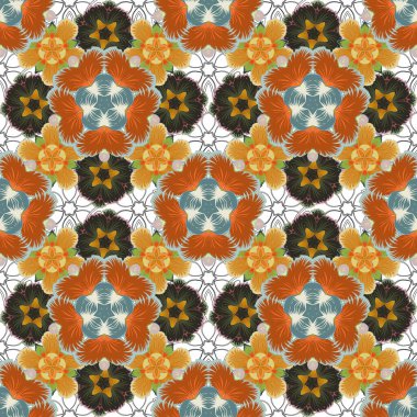 Damask vektör klasik deseni. Mavi, gri ve turuncu renklerde kusursuz soyut elementler. Renkli yinelenen elementlere sahip oryantasyon arkaplanı.