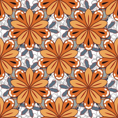 Geleneksel klasik vektör süsü. Doğu grisi, sarı ve turuncu pürüzsüz desenli arabesk ve soyut elementlerle.