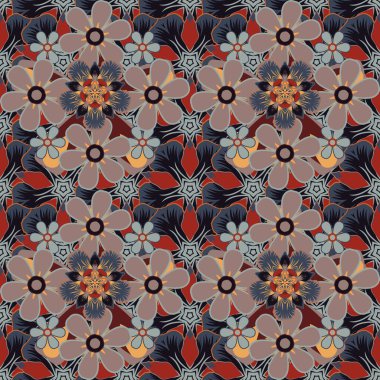 Çiçekler, yapraklar, dekoratif elementler, sıçramalar, lekeler ve gri, pembe ve mavi renkte damlalar. Karalama çizim biçimi, el çizimi illüstrasyon.