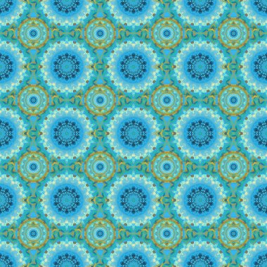 Vektör çizimi. El yapımı etnik doku, hayal gücünün uçuşu. Mavi ve yeşil renklerde kusursuz soyut kabile deseni.