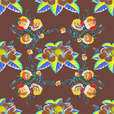 Çizgili arka planda dikişsiz suluboya desen. Kahverengi arka planda vektör çiçek izi.