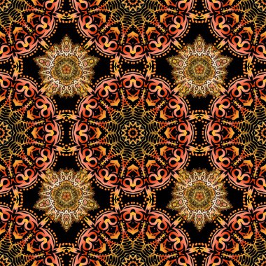 Kusursuz damaske deseni. Bej, sarı ve kahverengi renkli Victoria dönemi arkaplan süslemeleri. Vektör illüstrasyonu.