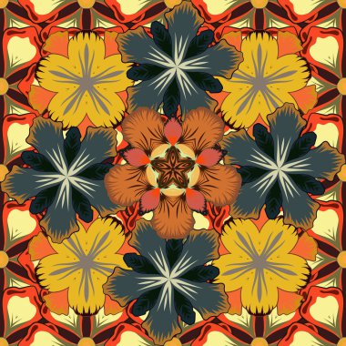 Özyinelenen elementlerle mavi, kahverengi ve sarı renklerde kusursuz bir soyut süs. Zarif raster klasik kusursuz desen.