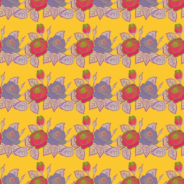 Eflatun, sarı ve mor renkli basit modern semboller. Vektör çizimi. Kusursuz, soyut el fırça darbesi çiçek desenli desen.