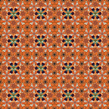 Kahverengi, gri ve turuncu dairesel mandala, yıldızlar ve kar taneleri elsments ile geleneksel süsleme arkaplan vektörsüz desen.