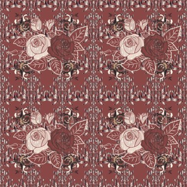 Eski tarz. Stock vektör illüstrasyonu. Soyut gül çiçeklerinin kusursuz deseni ve bej, gri ve kahverengi yapraklar..