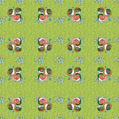 Çiçekler ve yapraklar yeşil ve mavi renklerde vektörsüz desen. Suluboya efektli çiçek arkaplanı. Yatak çarşafları, ceket, paket tasarımı, kumaş ve moda kavramları için tekstil baskısı.