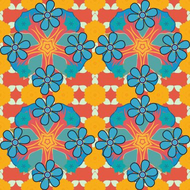 Stok vektörü soyut el çizimi deseni sarı, turuncu ve mavi renkli çiçekler. Kart ya da afiş için kusursuz şablon. Doğu ya da Arap, Rusya sanat geçmişi.