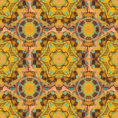 Çiçekli ve Mandala elementli zarif, pürüzsüz bir desen. Güzel kahverengi, sarı ve yeşil elle çizilmiş kusursuz vektör çizimi.