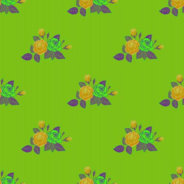 Yeşil, mor ve sarı güllerle renksiz çiçek deseni, suluboya efekti.