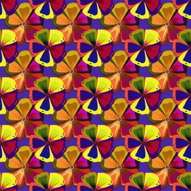 Vektör çizimi. Geleneksel Hint çiçeksiz deseni. Kozmos çiçekleri morumsu, mavi ve sarı renklerde..