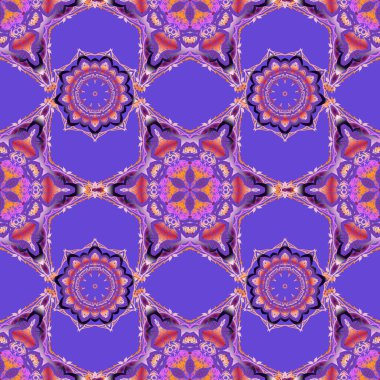 Siyah arka planda mor, mor ve mor renkte çiçek süsü. Renkli desenler antika. Vektörsüz arkaplan.