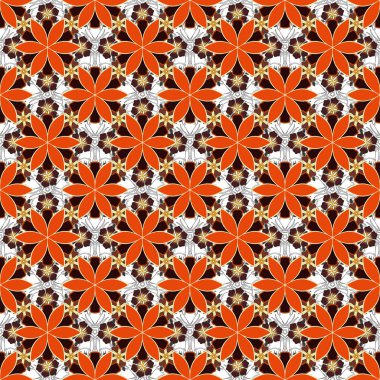 Stok vektörü soyut el çizimi deseni kahverengi, kırmızı ve turuncu renkli çiçekler. Doğu ya da Arap, Rusya sanat geçmişi. Kart ya da afiş için kusursuz şablon.