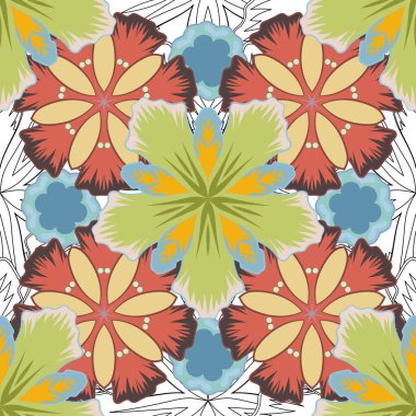 Sarı, gri ve yeşil renklerde, karışık çiçekli kusursuz çiçek deseni. Vektör illüstrasyonu.