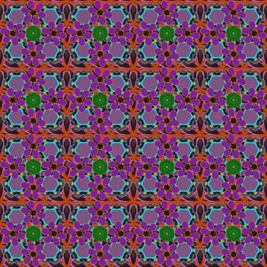 Pürüzsüz desenli, mor, kahverengi ve turuncu renkli küçük çiçekler. Küçük, soyut çiçeklerdeki sevimli çiçek desenleri..