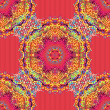 Güzel iz. Zarif vektör klasik kusursuz desen. Sarı, pembe ve kırmızı tekrarlayan elementlerle kusursuz soyut doku.