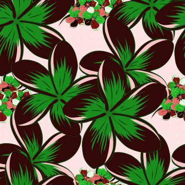 Pembe, yeşil ve siyah renkli vektör çiçek deseni. Şirin Plumeria çiçek deseni. Çizgili arkaplanda suluboya desensiz.