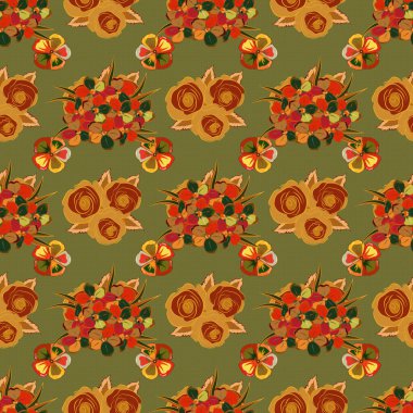 Sarı, yeşil ve turuncu renklerde kusursuz el yapımı Primula çiçeği deseni.