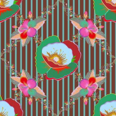 Mavi ve yeşil renkli birçok soyut çiçeğin vektör çizimi. Elle çizilmiş kusursuz çiçek çizimi. Kusursuz desenli soyut çiçek arkaplanı.