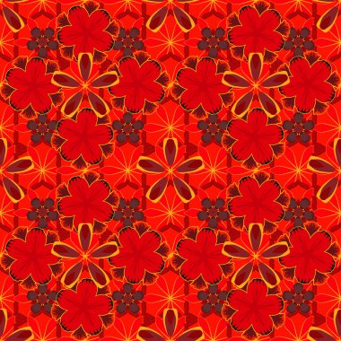 Vektör çizimi. Yumuşak suluboya çiçek deseni - kırmızı, sarı ve turuncu renklerde kusursuz desen.