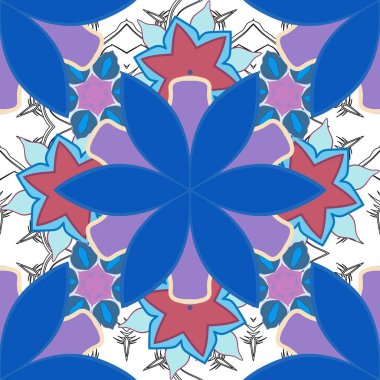 Şal desenli, vektör çizgili, pürüzsüz desen. Kumaş, tekstil ve ambalaj kağıtları için dekoratif süs. Mor, mavi ve gri renkli duvar kağıtları. Geleneksel doğulu dikişsiz şal deseni.