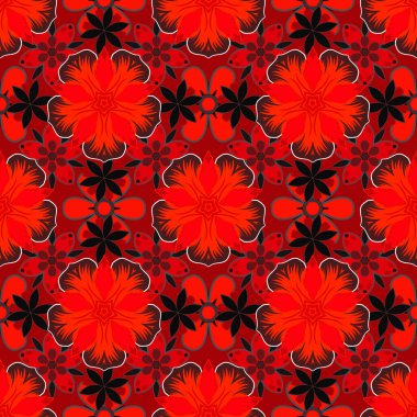 Zarif kırmızı, siyah ve pembe desenli, çiçekli ve Mandala elementli. El çizimi güzel bir vektör çizimi.